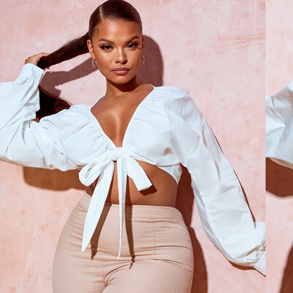 White Puff Sleeve Front Tie Top